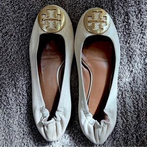 Cream Tory Burch Flats with Gold Hardware